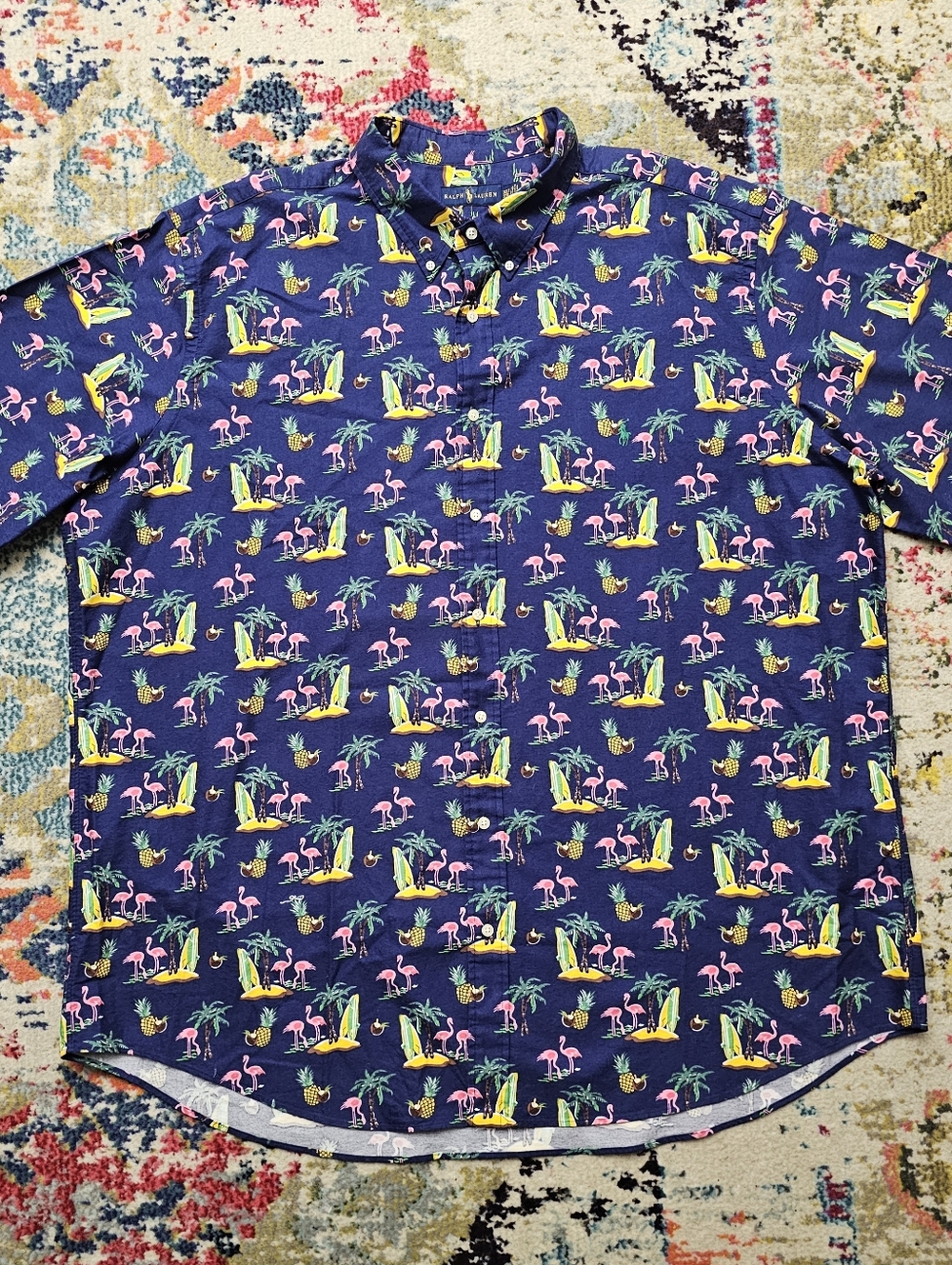 Ralph Lauren Shirt Mens 3XLT Blue Hawaiian Flamingos Tropical AOP Pineapple Palm